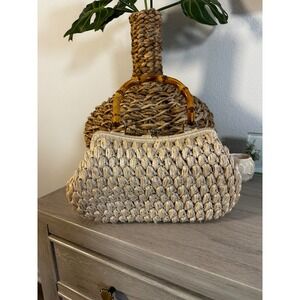Vintage Grants Straw Woven Bamboo Handle Handbag Purse Made in Japan